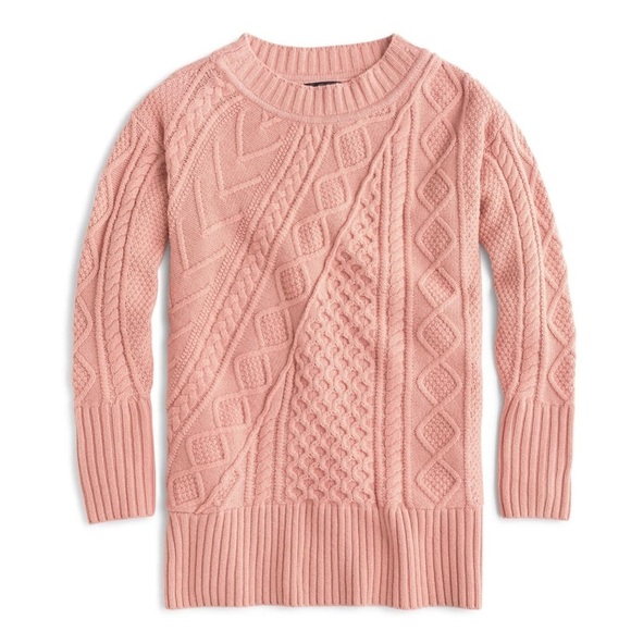 J. Crew Patchwork Coral Pink Wool Blend Cable Knit Tunic Sweater - Picture 1 of 8